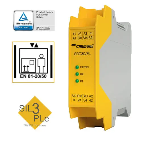 motrona SRC30/EL Emergency Stop Safety Relay SIL3/PLe with 3 NO Contacts, EN 81-20/50