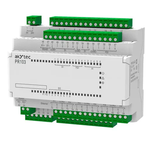 akYtec PR103 DIN Rail Mini-PLC, 8/10 DO, 6 AI, 10 DI (4×100 kHz), Ethernet/RS485