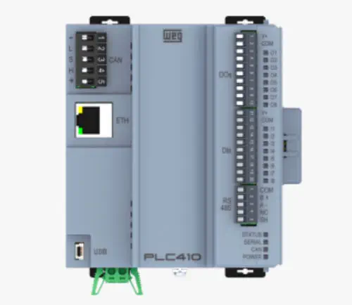 WEG PLC410 DIN Rail PLC with CODESYS, Up to 208 I/O, Modbus/CANopen/EtherCAT