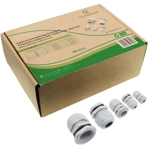 M12 to M32 IP68 Light Gray Cable Gland Kit - 60pcs Metric Thread PA66 Assortment | QUADRIOS 2009CA108