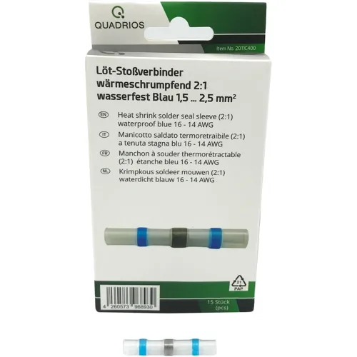 1.5-2.5mm² AWG 16-14 Blue Solder Connector - Heat Shrink Waterproof Splice | QUADRIOS 2011C400