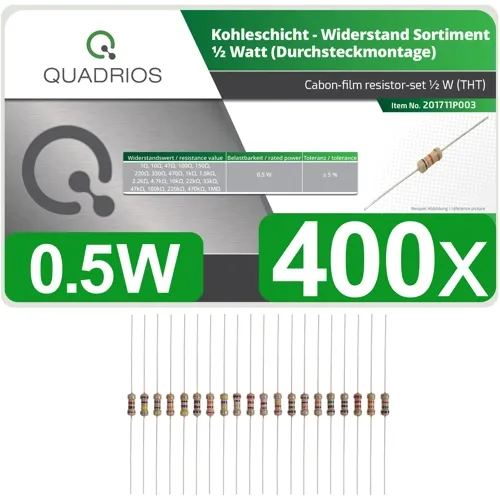 400pcs 0.5W Carbon Film Resistor Kit – 20 Values, ±5% for Power-Conscious Prototyping | QUADRIOS 201711P003