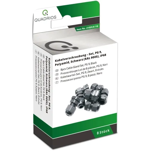 PG9 IP68 Black Cable Gland Kit - 8pcs for 4-8mm Clamping Range | QUADRIOS 2102CA118