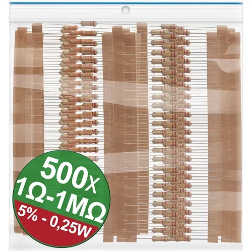 500pcs 0.25W Carbon Film Resistor Kit – 20 Values, 5% Tolerance | QUADRIOS 22P059