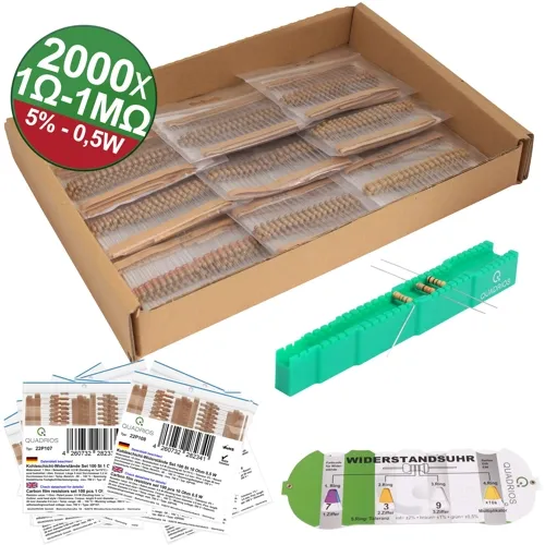 2000pcs 0.5W Carbon Film Resistor Kit – 20 Values, 5% with Storage Accessories | QUADRIOS 23P128