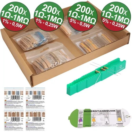 800pcs Mixed Resistor Kit – Metal Film & Carbon Film, 1% & 5%, 0.25W & 0.5W | QUADRIOS 23P131