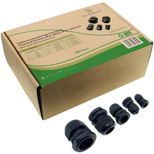 60-Piece M12 to M32 Waterproof Cable Gland Kit, IP68 PA66 Black – QUADRIOS 2009CA107