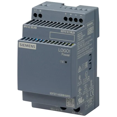 Siemens 6EP3311-6SB00 LOGO!Power 31.5W DIN Rail Power Supply, 5VDC 6.3A