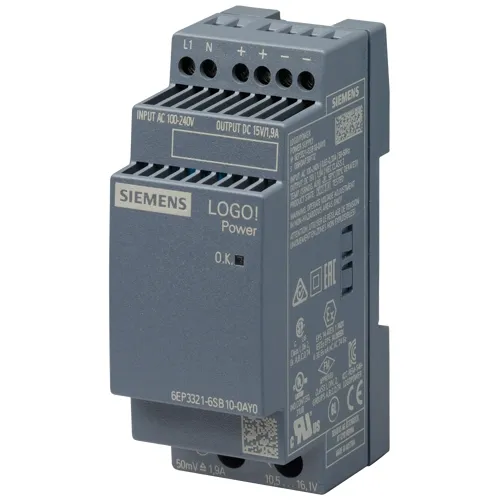 Siemens 6EP3321-6SB10 LOGO!Power 28.5W DIN Rail Power Supply, 15VDC 1.9A