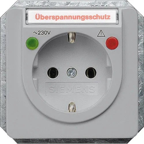 Siemens 5UB1460 DELTA profil SCHUKO Type F Socket, Hinged Cover, Overvoltage Protection, Function Indicator, Silver, 16A 250V