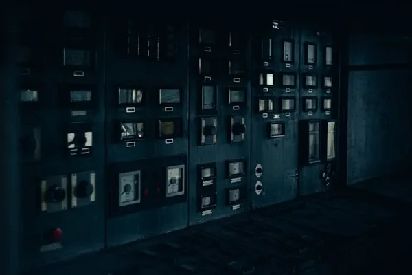 Industrial control room with monitoring systems and instrumentation panels displaying real-time machine data